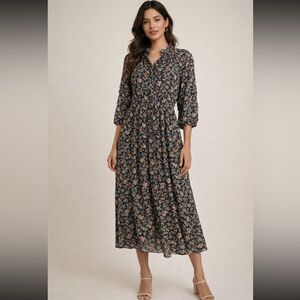 LAUREN RALPH LAUREN FLORAL CRINKLE GEORGETTE DRESS Midi Bow Collar